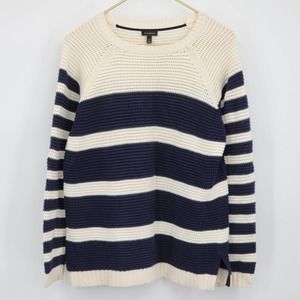 TALBOTS Cream Navy Blue Striped Chunky Knit Sweater Size Medium